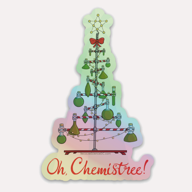 holographic illustrated sticker of a holiday free made from ring stands and chemistry flasks