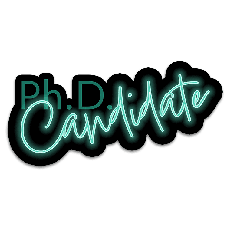 Image of a vinyl sticker that is 3 inch on its longest side with a Ph. D. Candidate theme