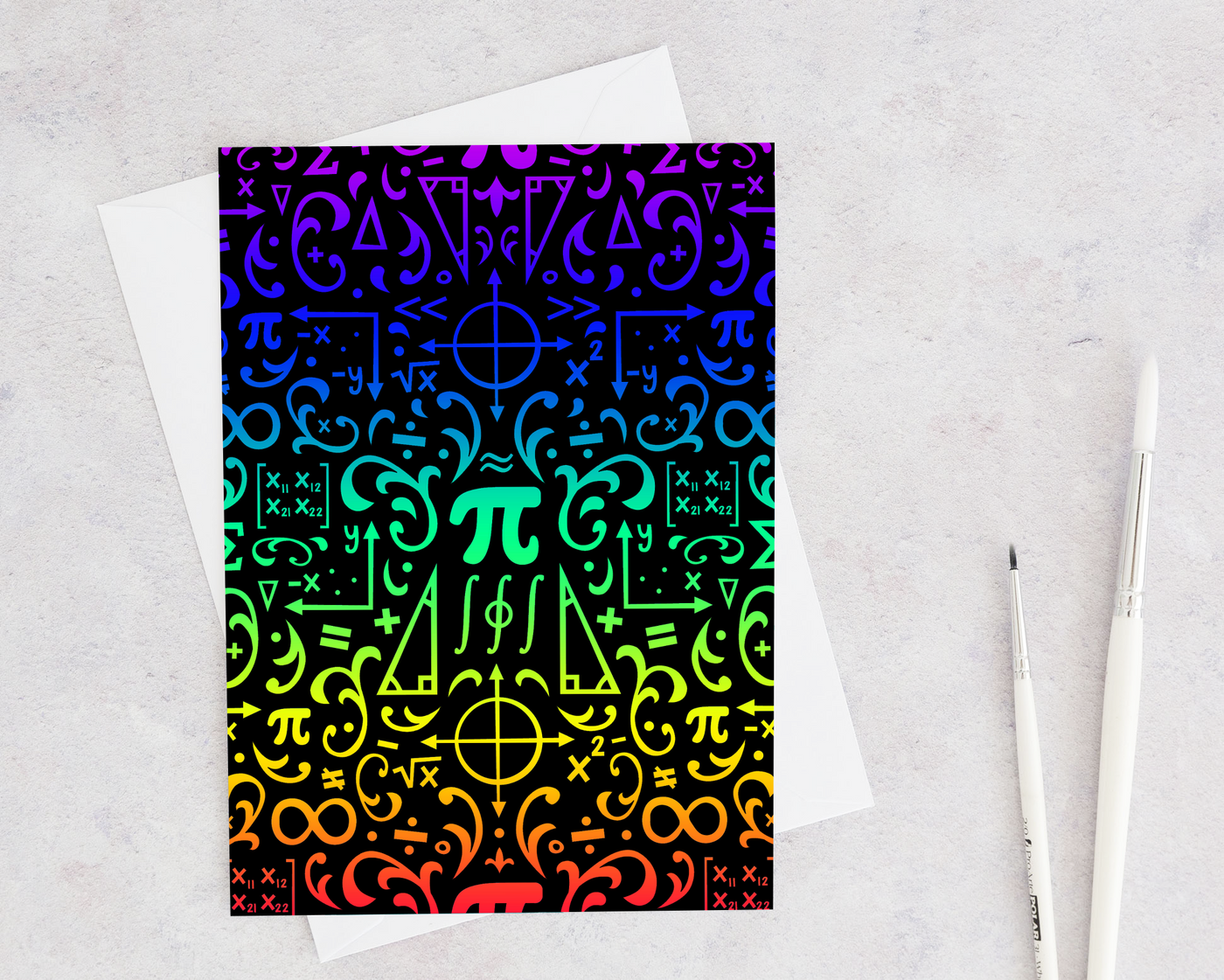 rainbow damask style card featuring mathematics, pi, triangles, graphs, and matricies