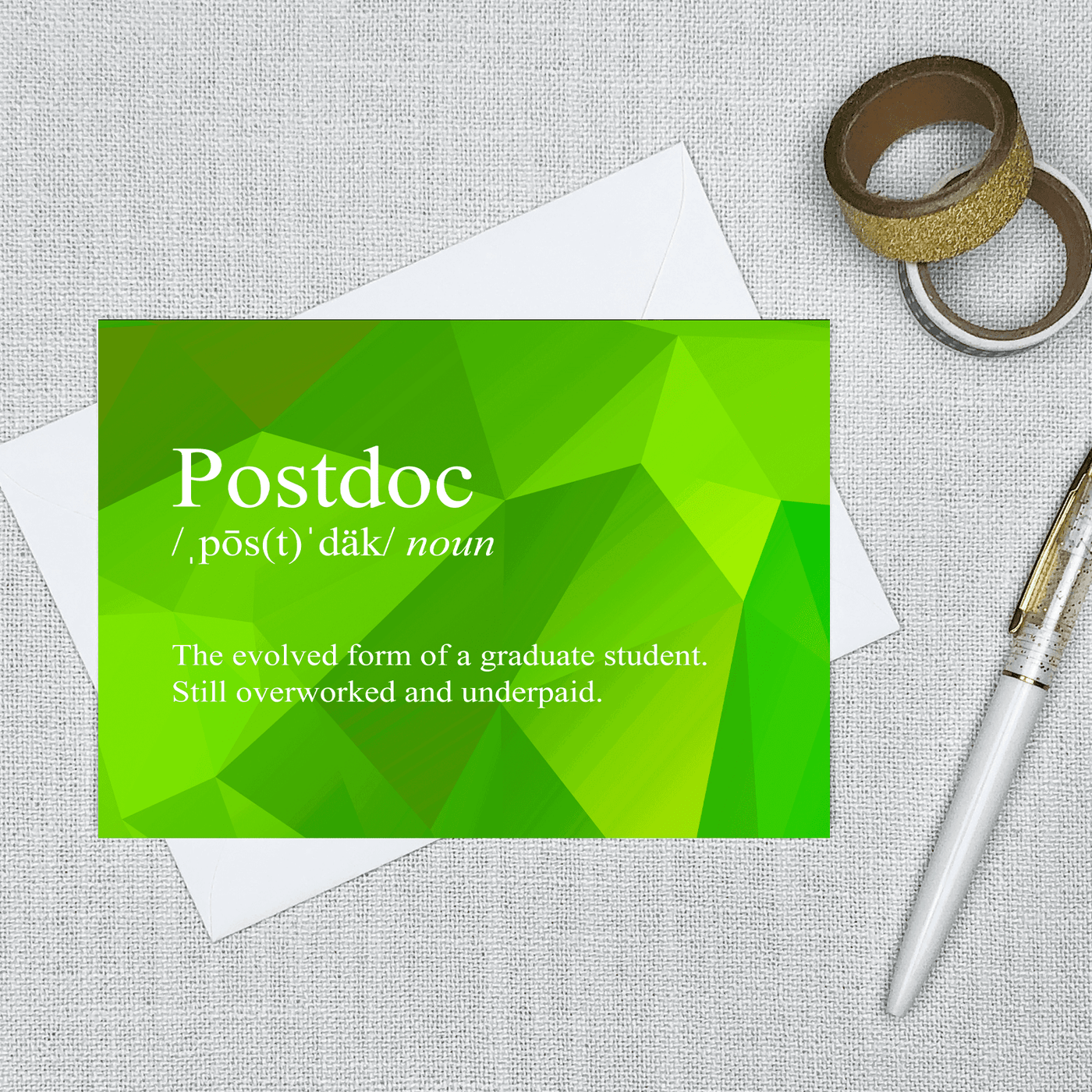 a blank inside greeting card that has a snarky definition for a postdoc