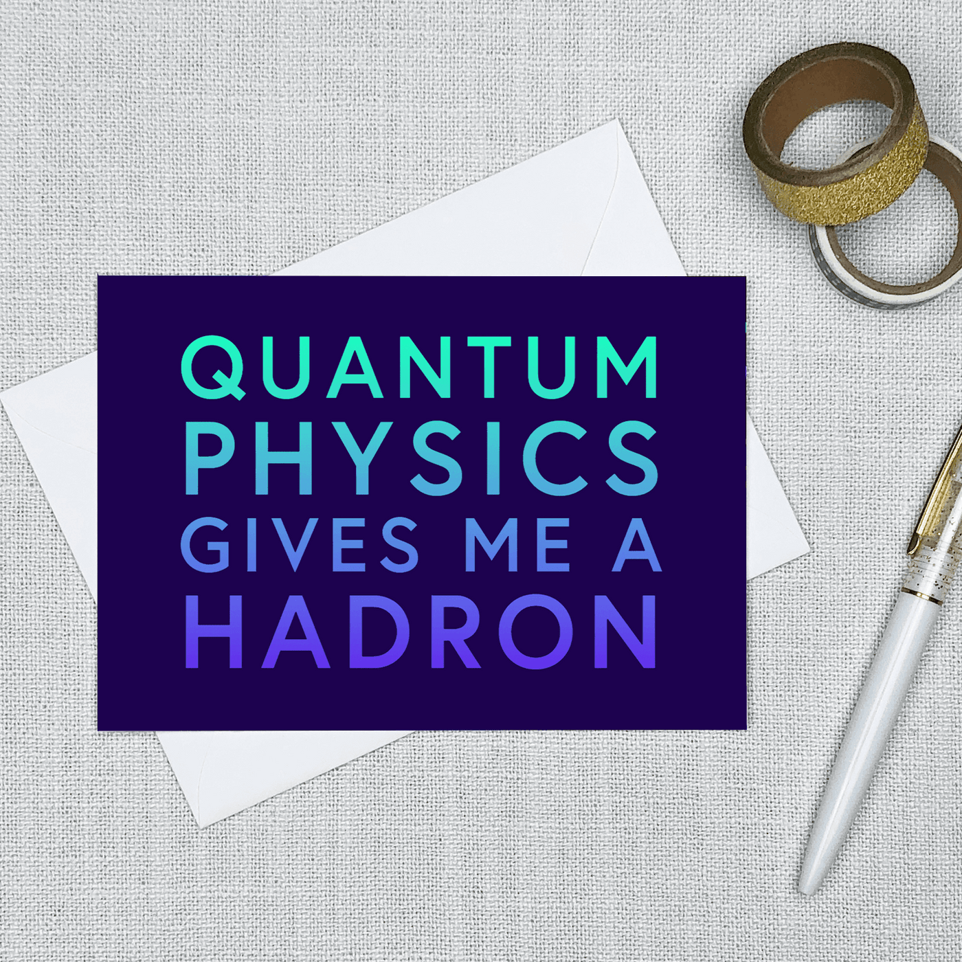 Image of a 4.13" x 5.83" greeting card with a physics theme 
