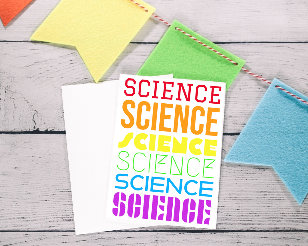 this science typography card has the word science written out in six different fonts each in a different color to form a rainbow