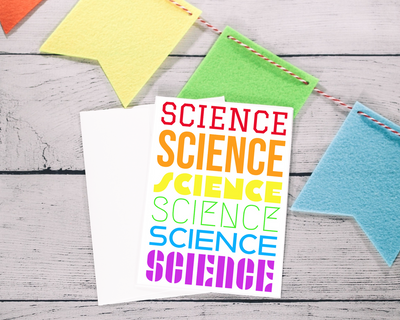 this science typography card has the word science written out in six different fonts each in a different color to form a rainbow