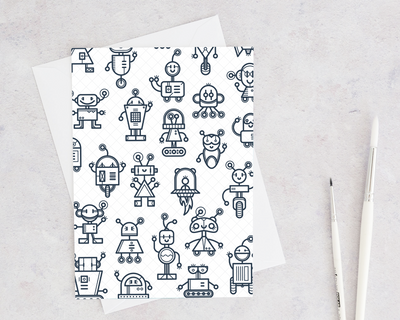 black and white cartoon robot greeting card