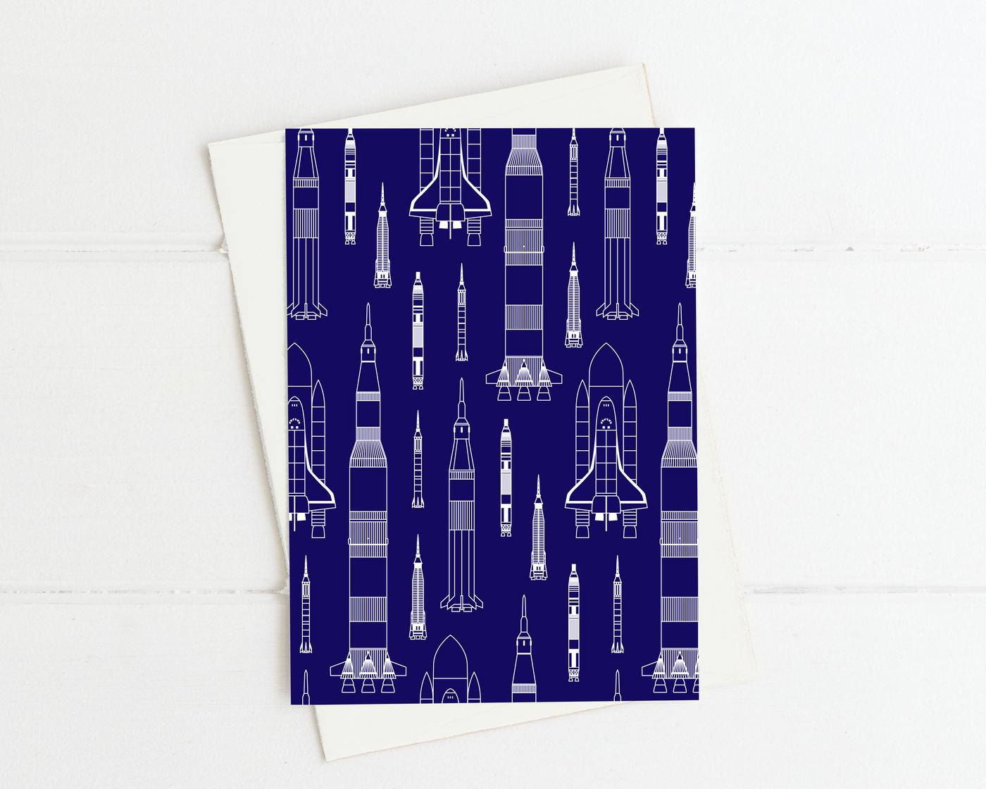 blue and white rocket schematic design greeting card