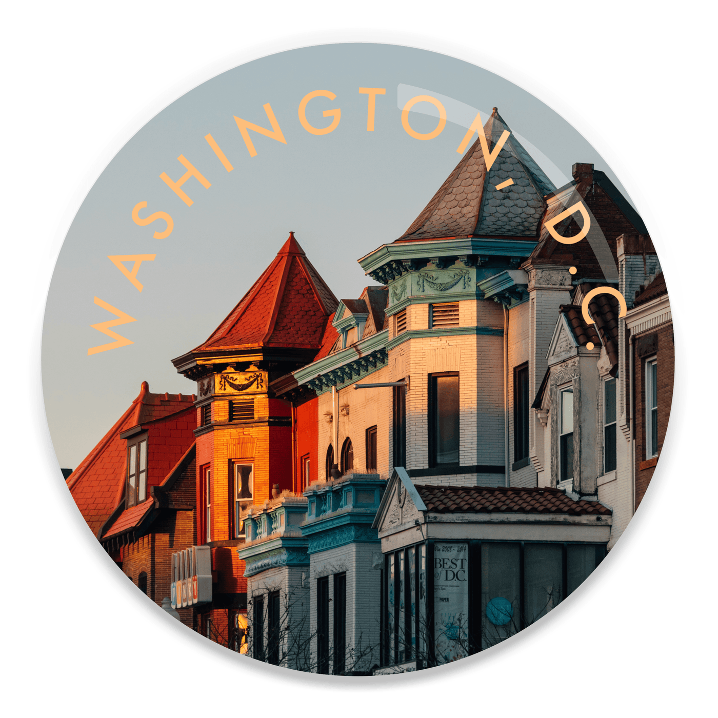 2.25 inch round colorful magnet with image of Washington dc rowhouses