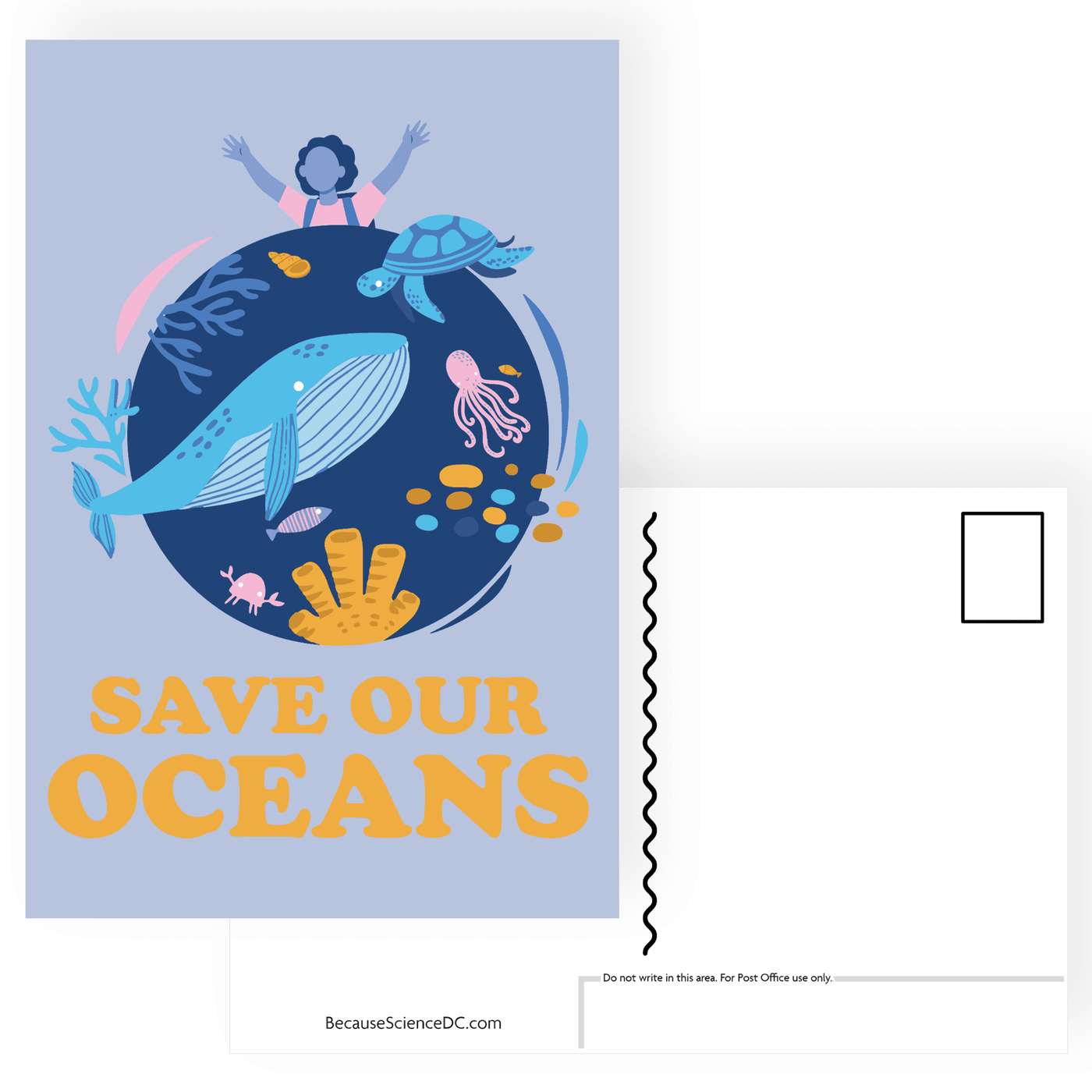 postcard of an ocean scene illustration with text that says save our oceans