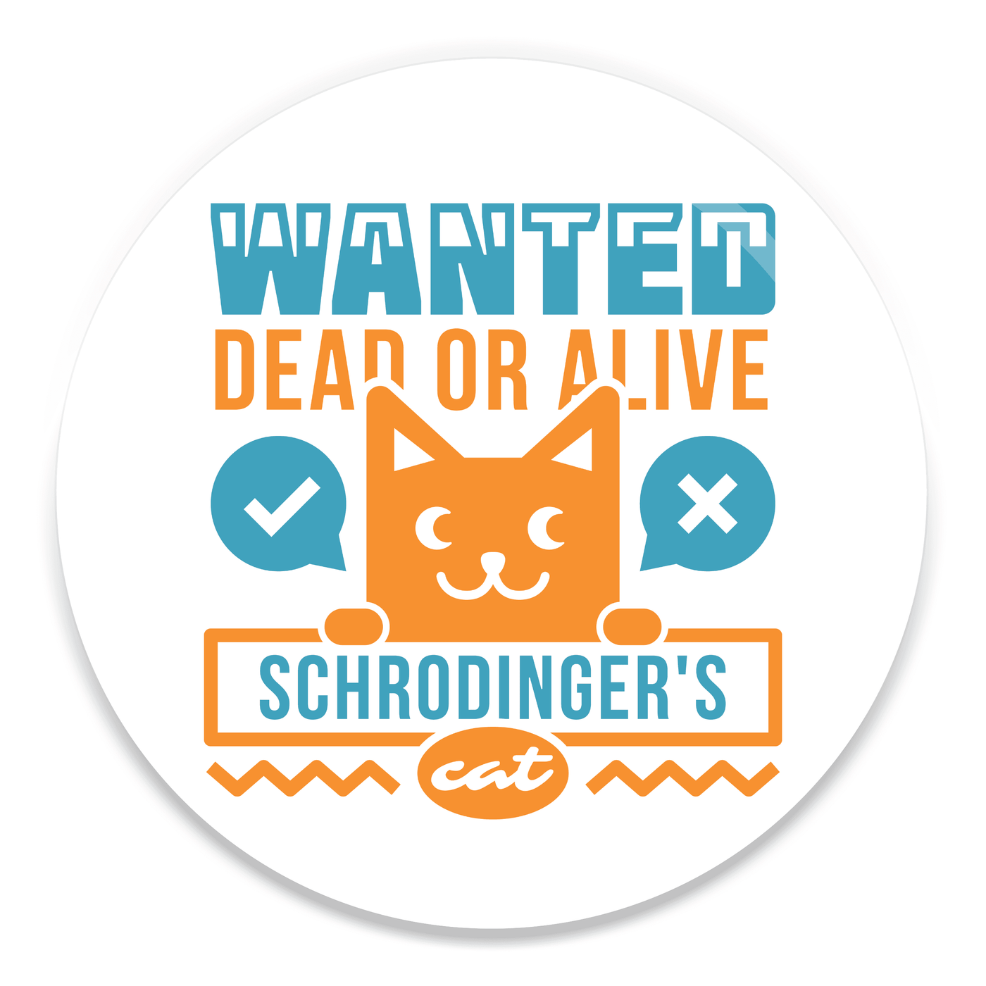 2.25 inch round colorful magnet with image of a cat and text saying Schrodinger's cat wanted dead or alive