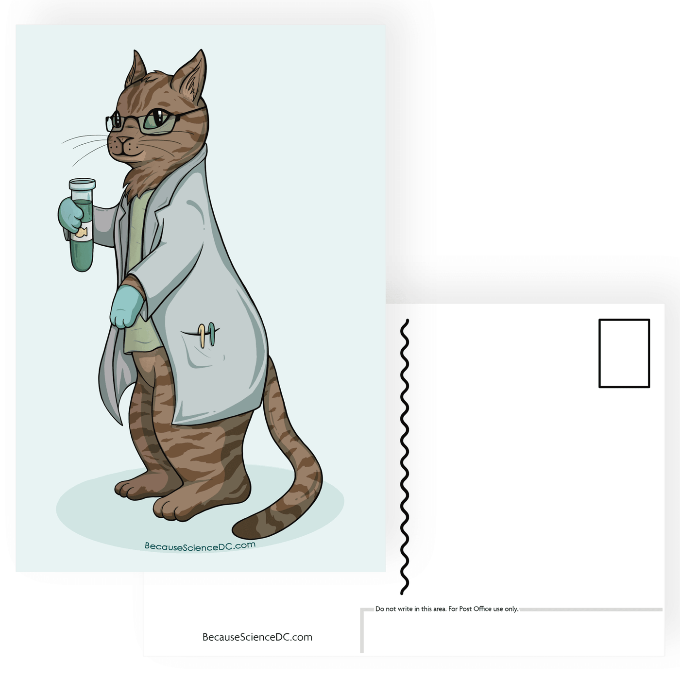 postcard of a cat wearing a lab coat and holding a test tube