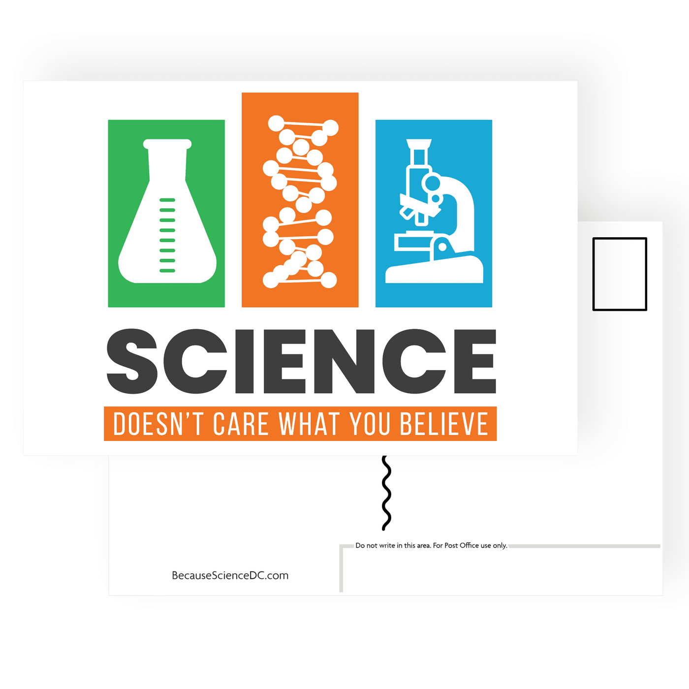 postcard with science symbols and text that reads science doesn't care what you believe