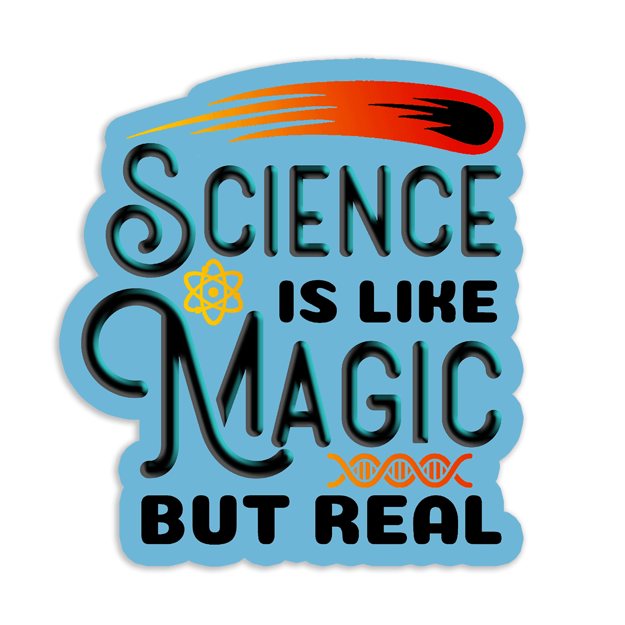 Image of a vinyl sticker that is 3 inch on its longest side with a science theme