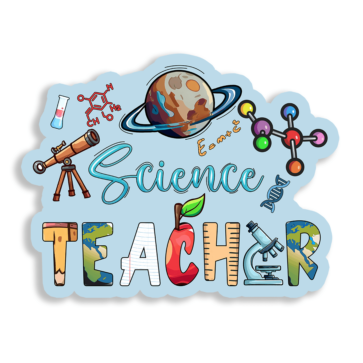 Image of a vinyl sticker that is 3 inch on its longest side with a teacher theme