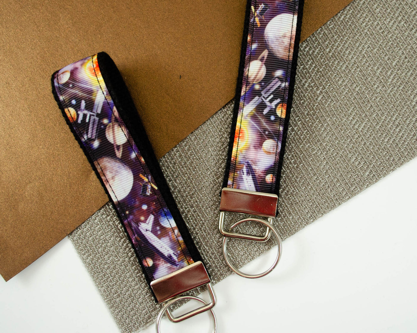 handmade wristlet keyfob keychain made with outer space and space shuttle theme