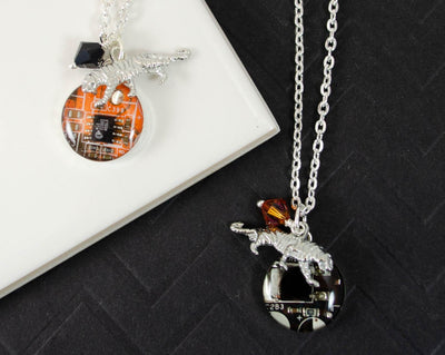 Handmade recycled circuit board charm necklaces with tiger charm for rit