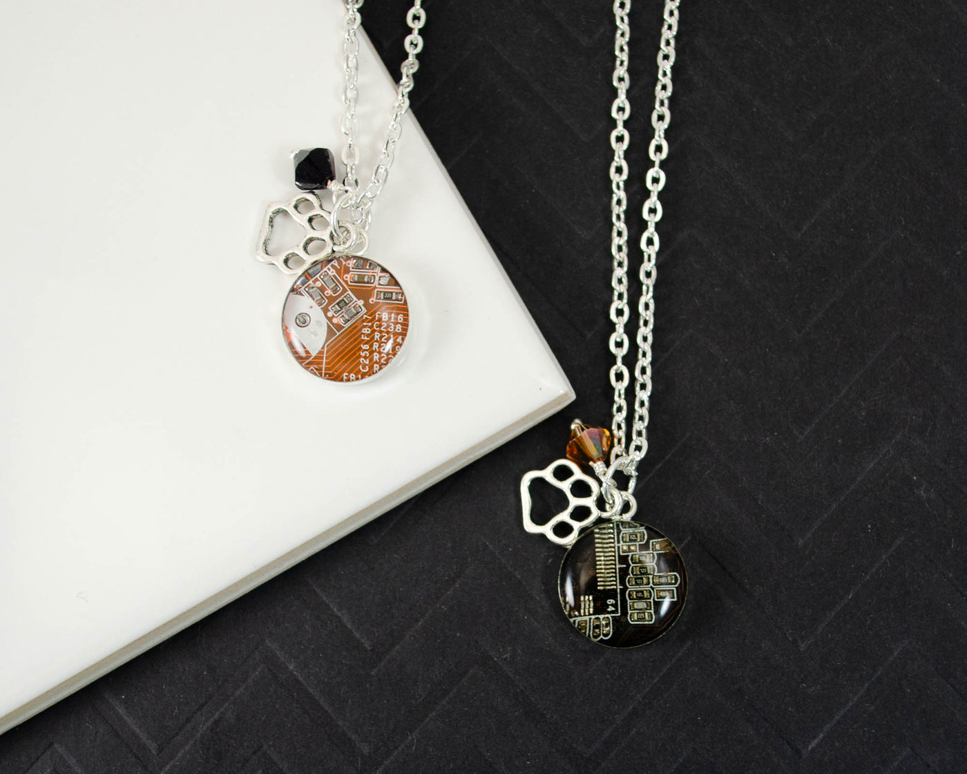 handmade recycled circuit board necklace with tiger paw charm for rit