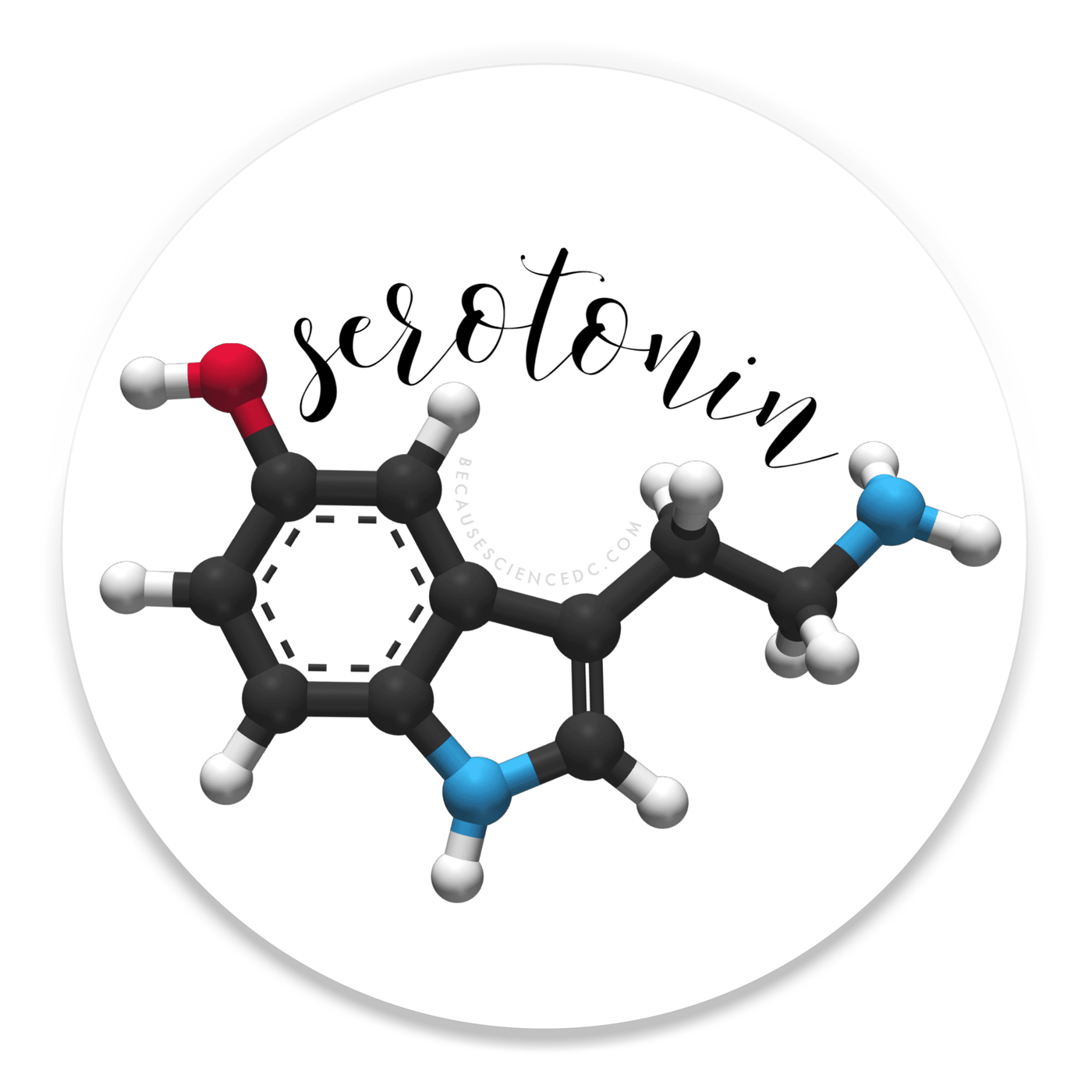 2.25 inch round colorful magnet with image of the molecular structure of serotonin