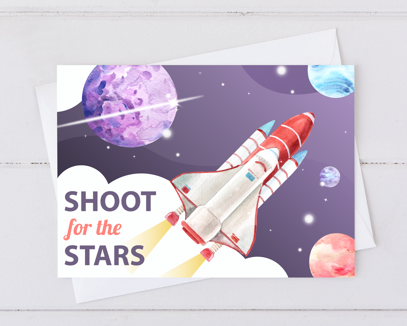 shoot for the srats card with moon, planets, and space shuttle. 