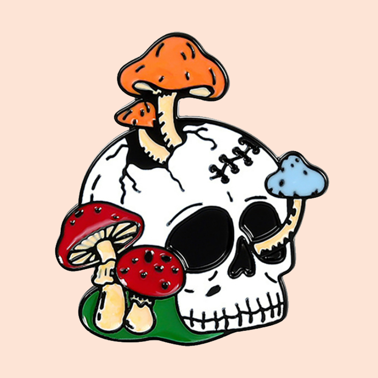 Skull with Mushrooms Enamel Pin