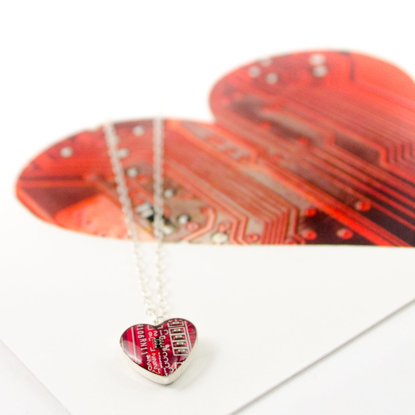 Circuit Board Necklace - Tiny Red Sterling Silver Heart