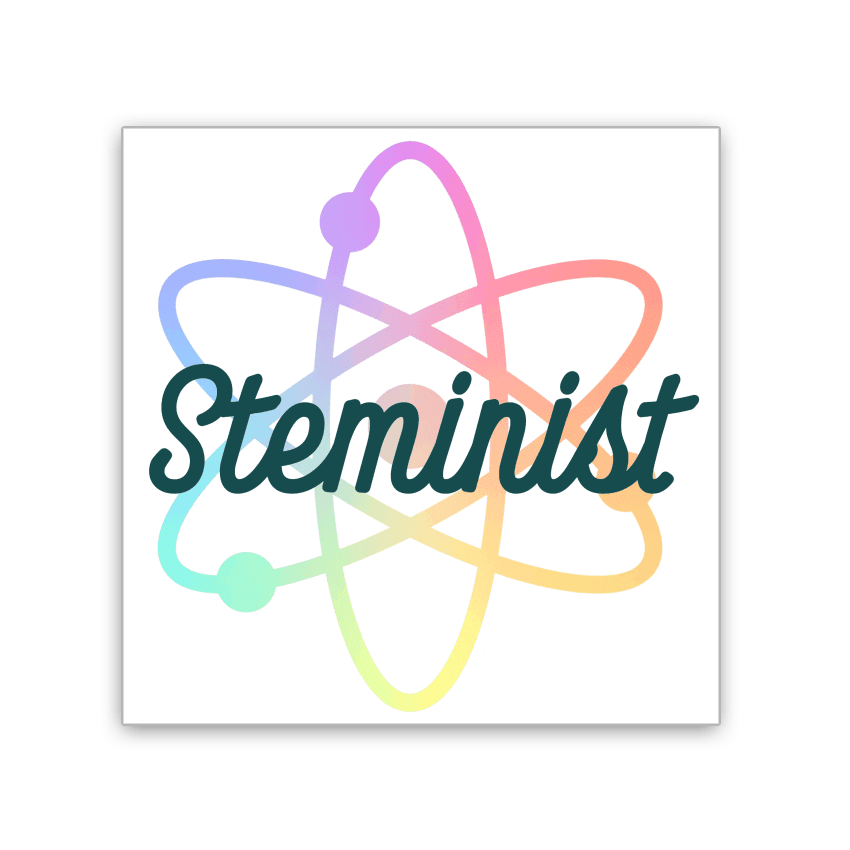 Image of 2x3 colorful magnet of an Atom and the word Steminist