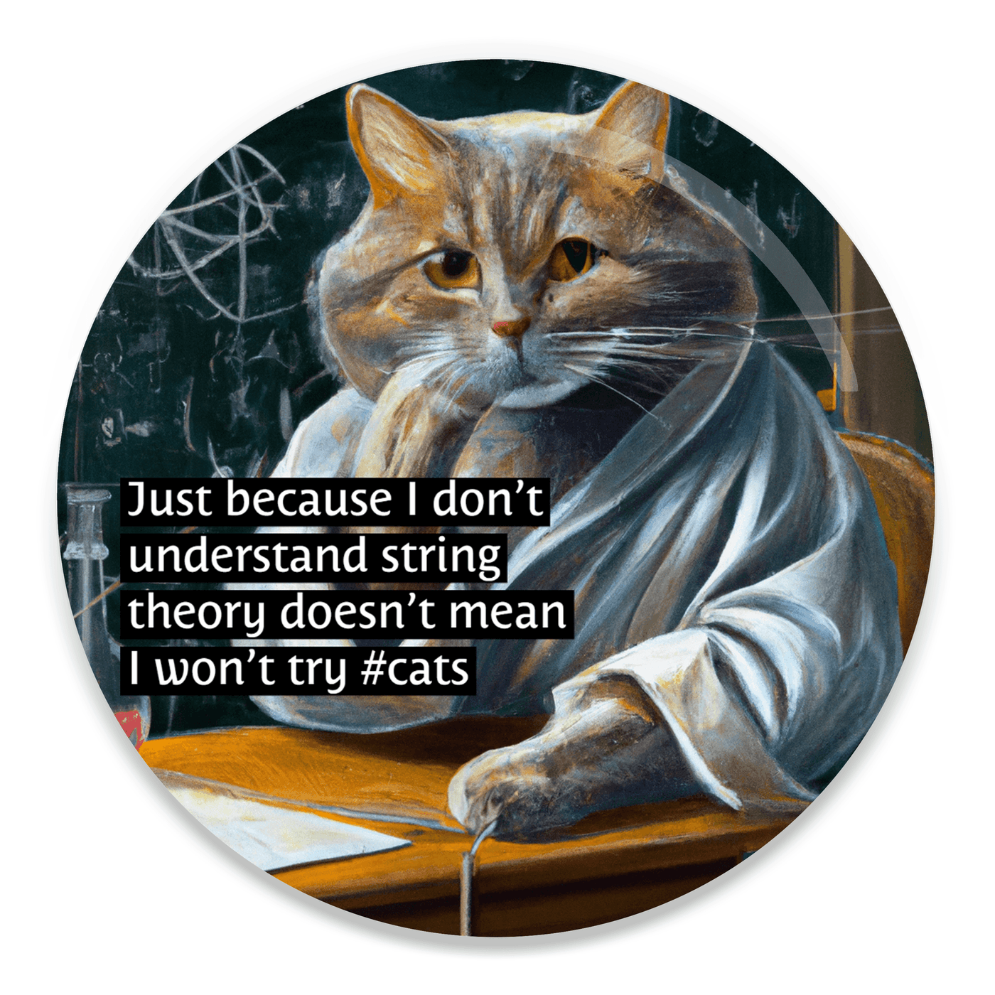 2.25 inch round colorful magnet with image of a cat and text about string theory