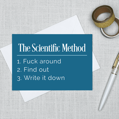 Image of a 4.13" x 5.83" greeting card with a snarky Scientific Method Definition