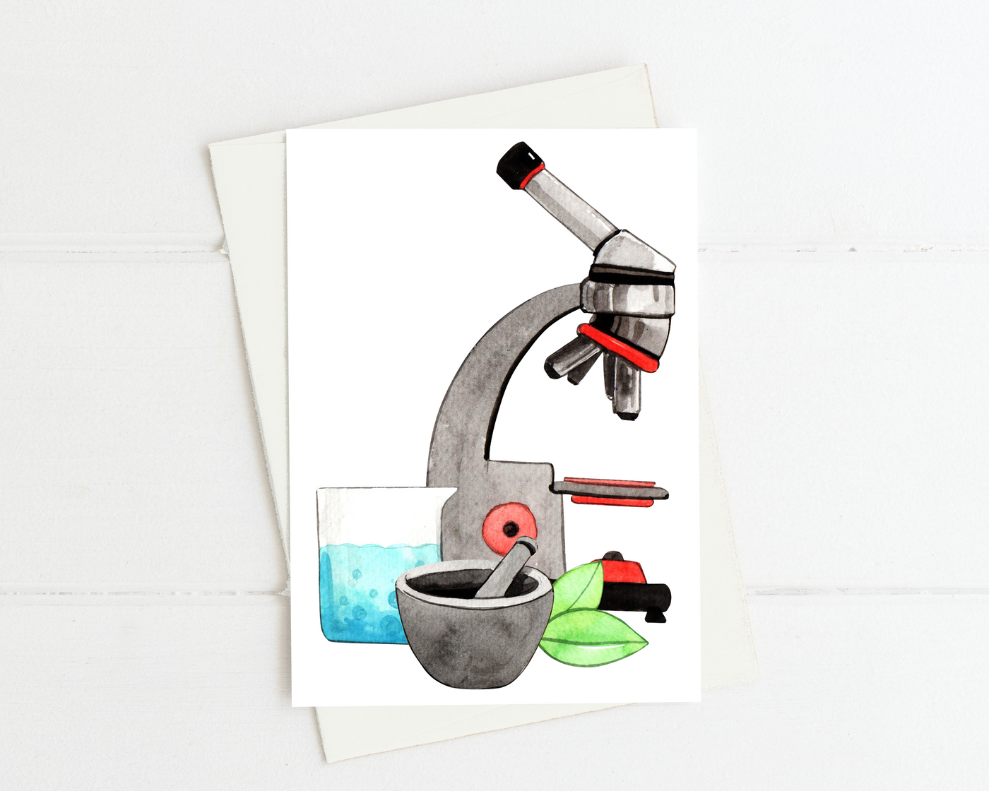 watercolor style image of a microscope with a mortar and pestle