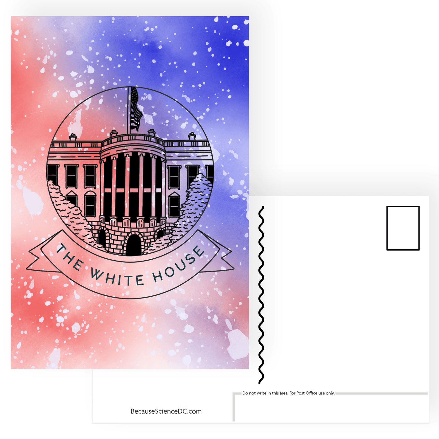 postcard of an illustration of the white house with a red white and blue background